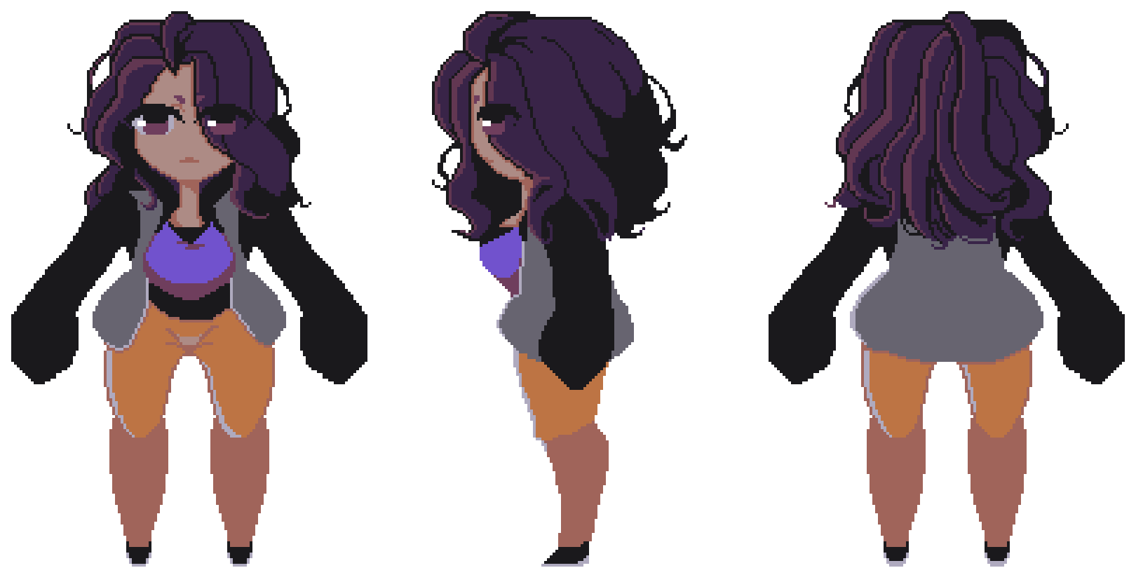 drawing, ilustration, cute, woman, purple hair, portfolio, sprite, liz, pixel art, videogamejess andz, krita, portfolio, jess andz.