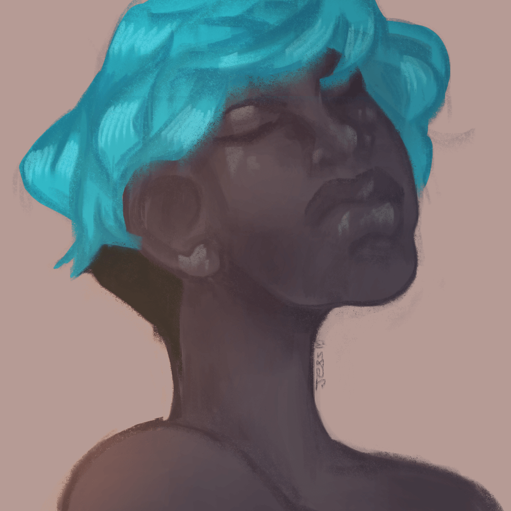 semirealistic, blue hair, black woman, drawing, ilustration, woman, jess andz, krita, portfolio, 2d art, short hair, thicc lips.